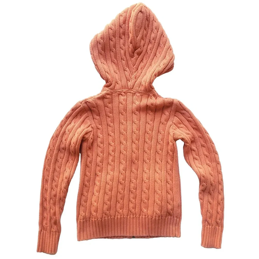 Ralph Lauren Hooded Sweater Kids M Cable Knit Full Zip Pony Logo Preppy Orange